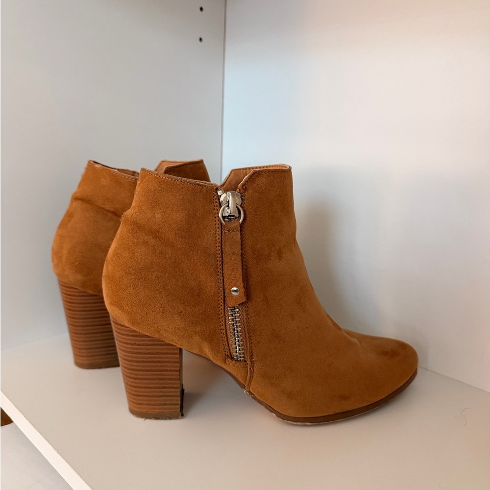 JustFab Cognac Suede Ankle Booties with Stacked Heel